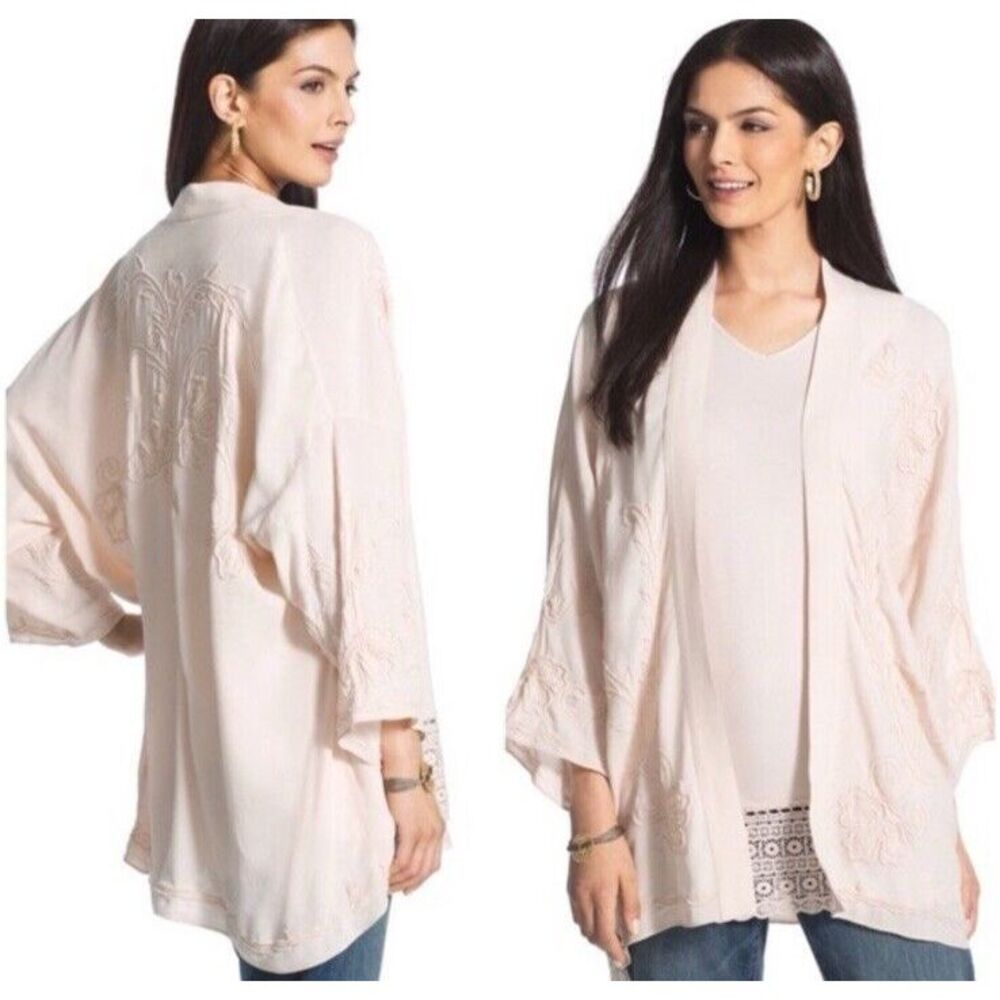 Chico's Pale Blush Pink Embroidered Open-Kimono Cardigan